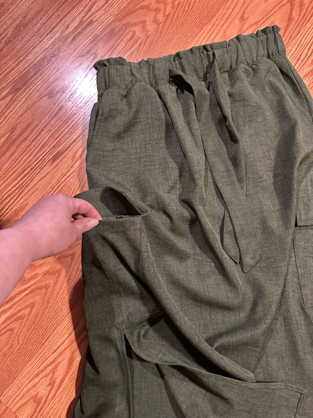 Women’s Olive Midi Paperbag Waist Skirt with Tie - Picture 3 of 9